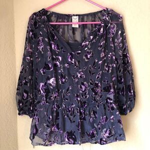 Faded Glory Women's Top Small Sheer Velvet Purple/Black Floral Romantic Goth